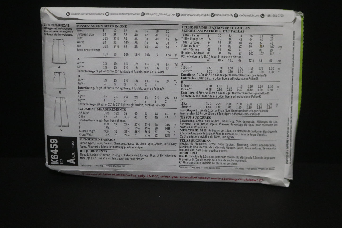 New Look 6459 Misses Top and Cropped Pants Sewing Pattern UNCUT - Size 8 - 20