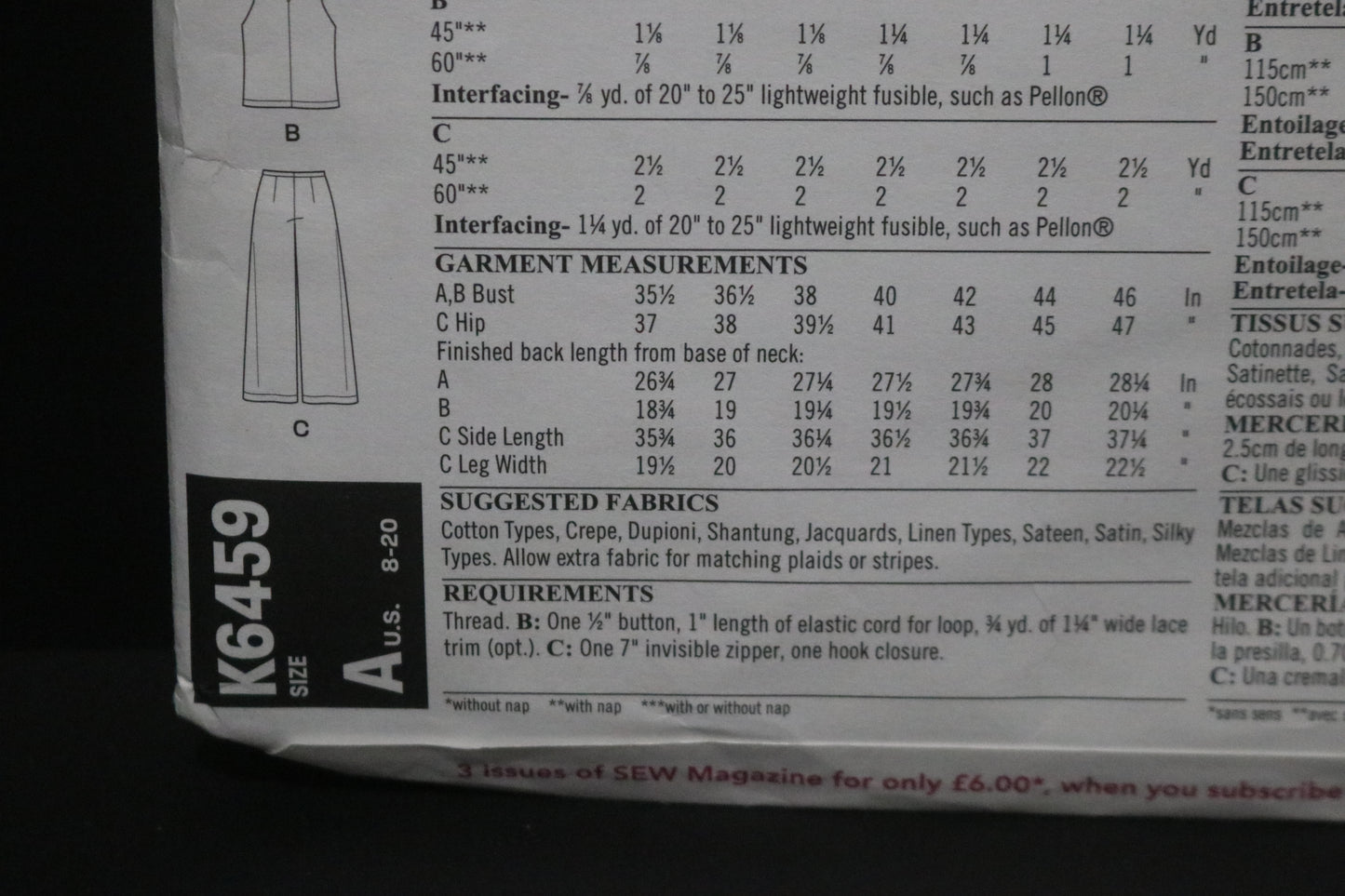 New Look 6459 Misses Top and Cropped Pants Sewing Pattern UNCUT - Size 8 - 20