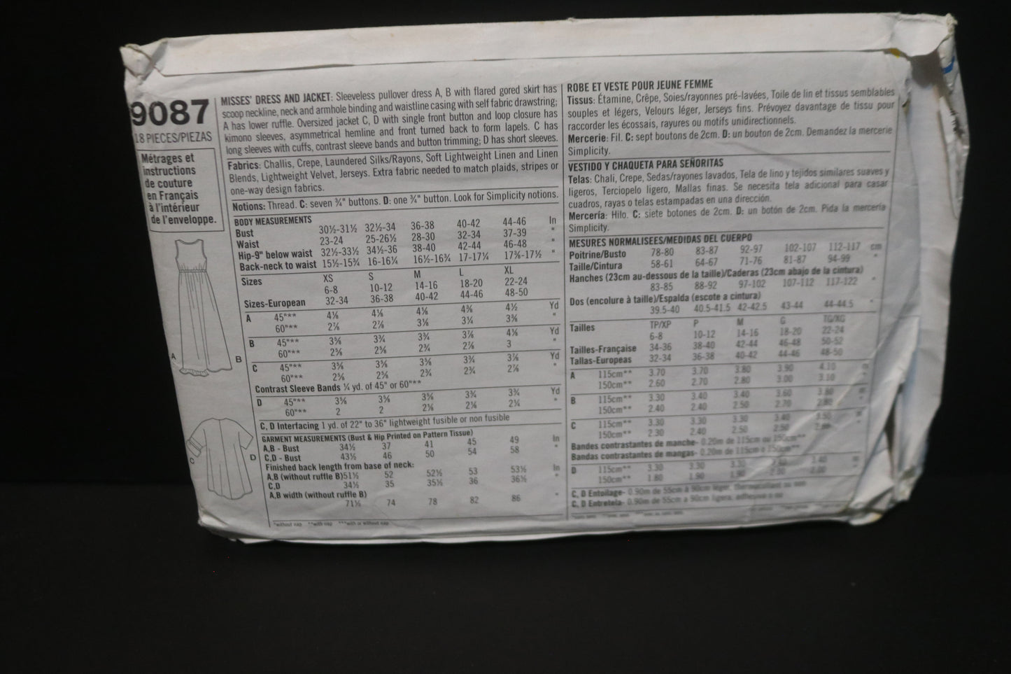 Simplicity 9087 Misses Dress and Jacket Sewing Pattern UNCUT Size Xs S M