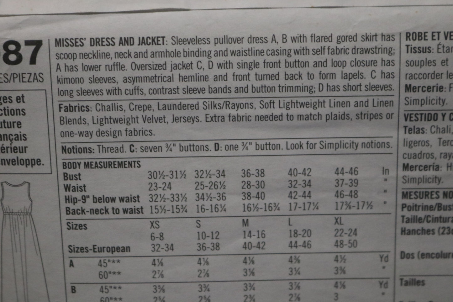 Simplicity 9087 Misses Dress and Jacket Sewing Pattern UNCUT Size Xs S M