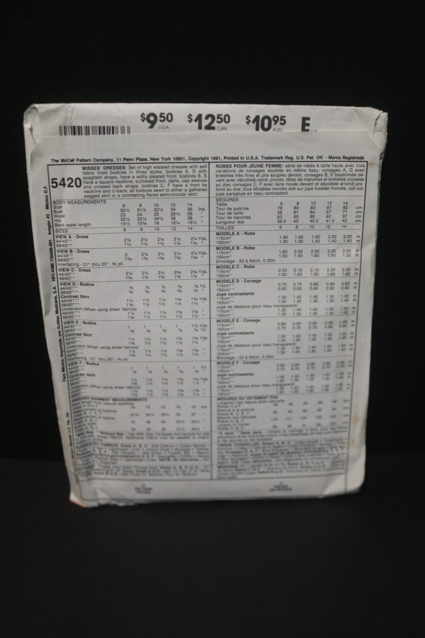 McCalls 5420 NYNY Misses Dresses Sewing Pattern - UNCUT - Size 10