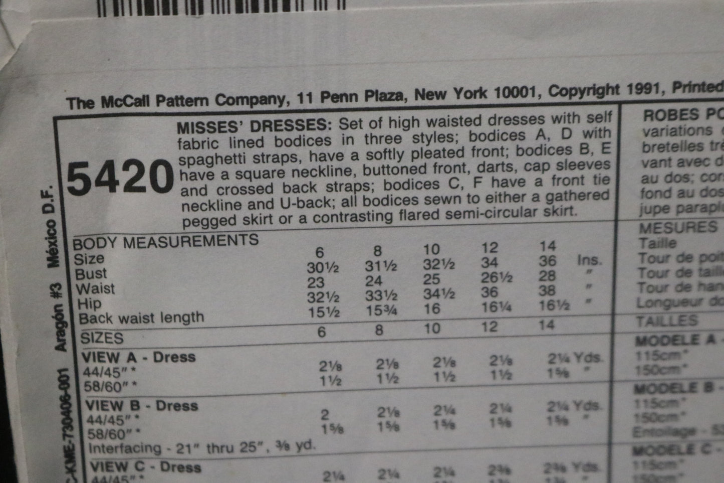 McCalls 5420 NYNY Misses Dresses Sewing Pattern - UNCUT - Size 10
