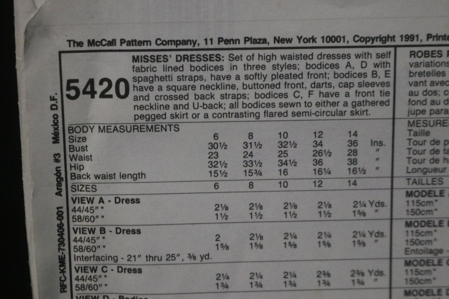 McCalls 5420 NYNY Misses Dresses Sewing Pattern - UNCUT - Size 10
