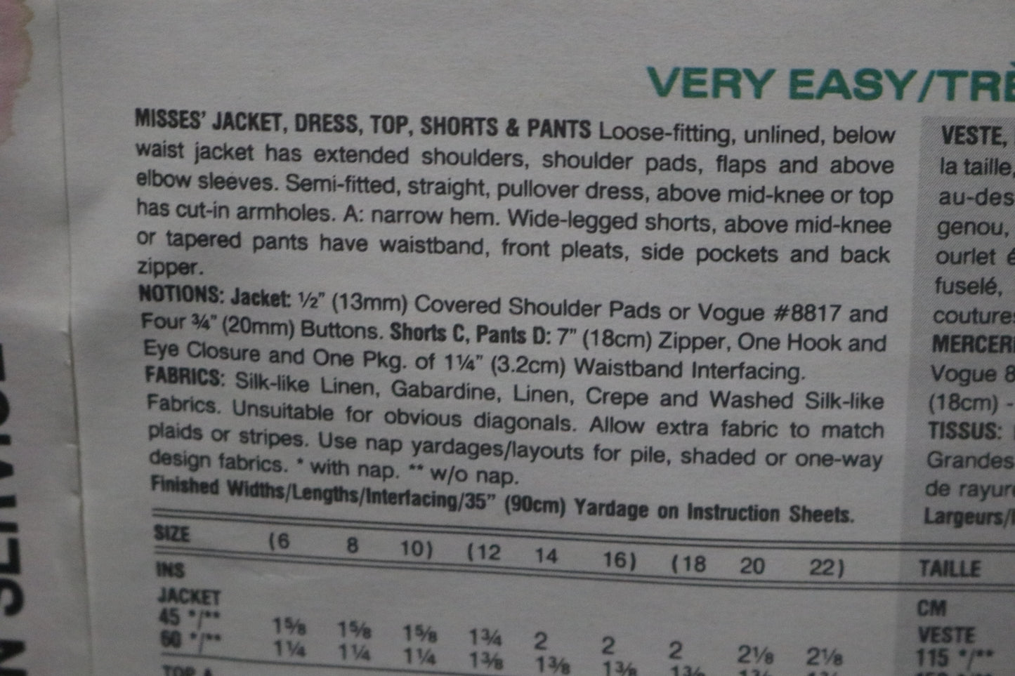 Vogue 2883 Misses Jacket Dress Top Shorts and Pants Sewing Pattern - UNCUT - Size 6 8 10