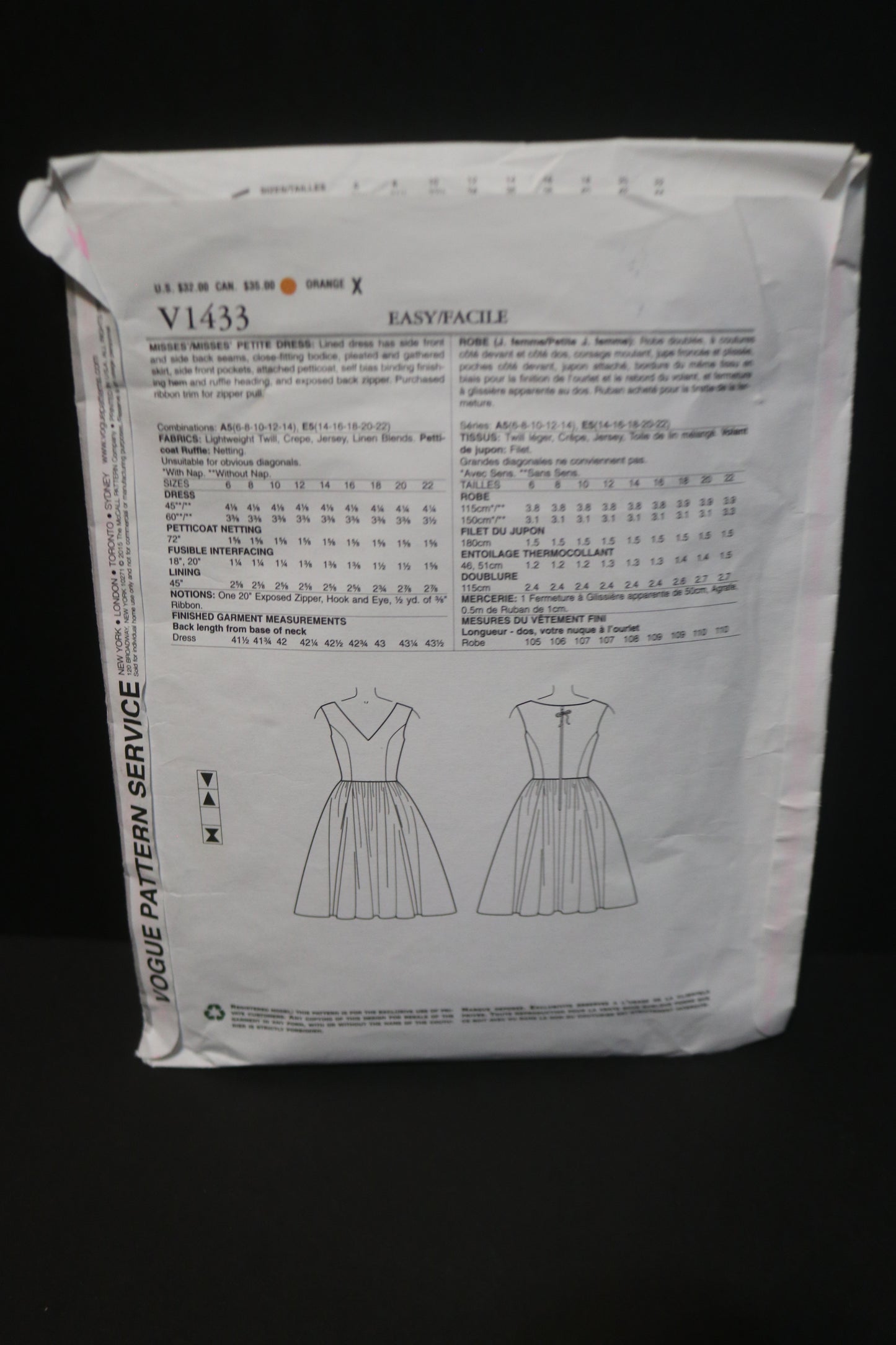 Vogue 1433 Tracy Reese Misses / Misses Petite Dress Sewing Pattern UNCUT Size 14 16 18 20 22