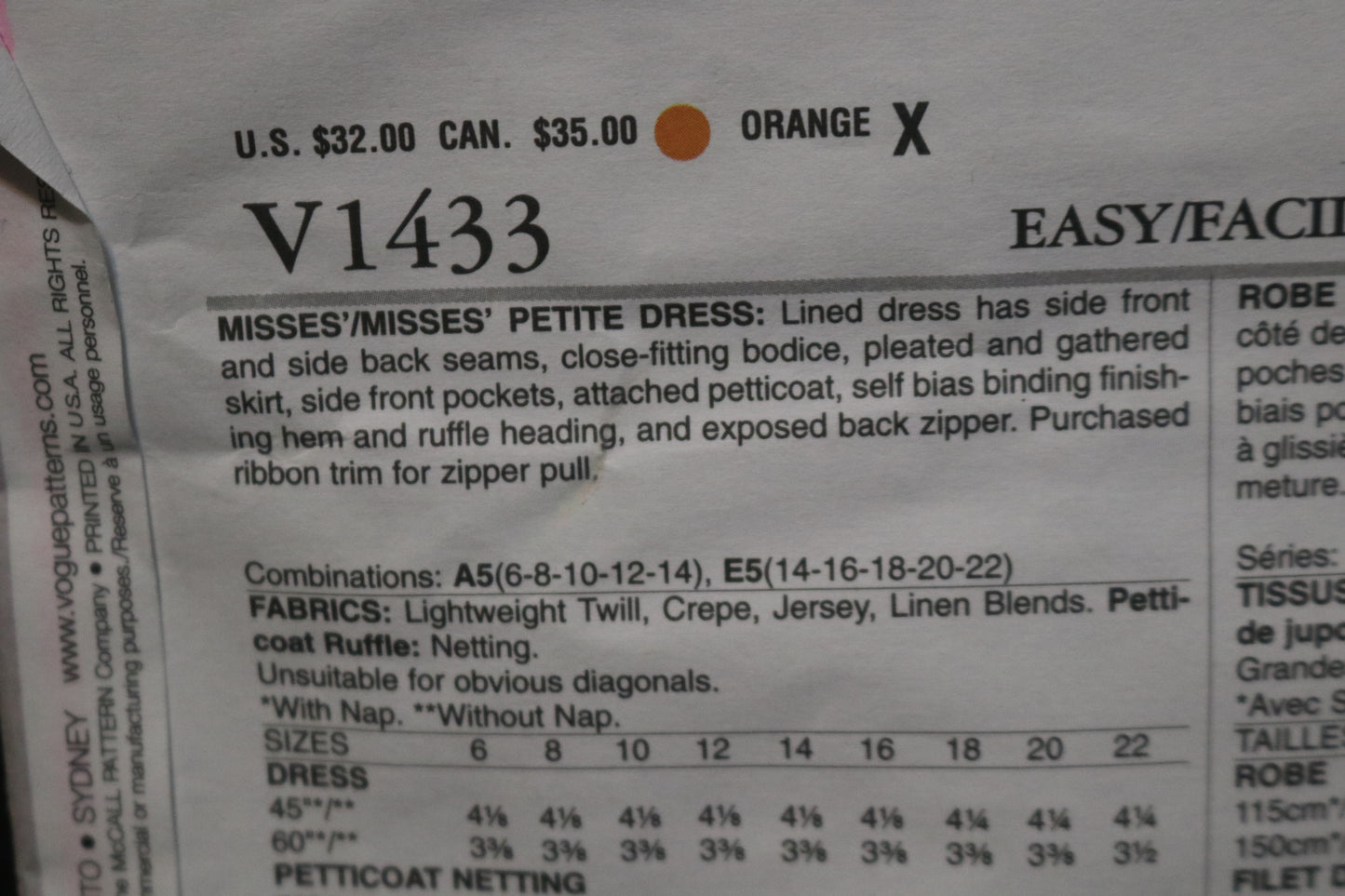 Vogue 1433 Tracy Reese Misses / Misses Petite Dress Sewing Pattern UNCUT Size 14 16 18 20 22