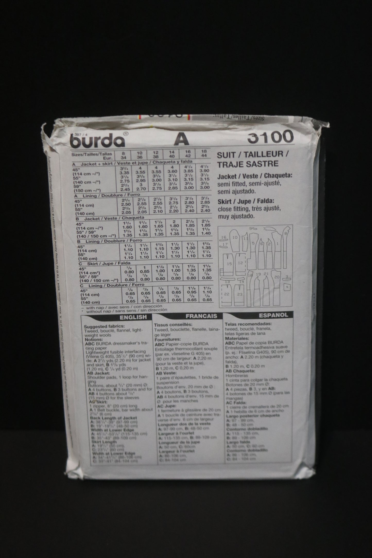 Burda 3100 Misses Jacket and Skirt Sewing Pattern - UNCUT - Size 8 10 12 14 16 18