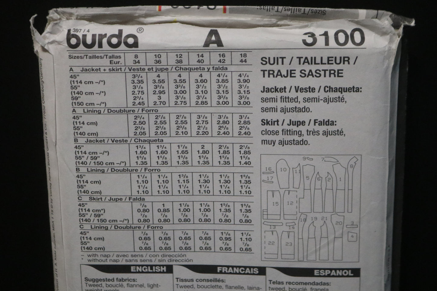 Burda 3100 Misses Jacket and Skirt Sewing Pattern - UNCUT - Size 8 10 12 14 16 18