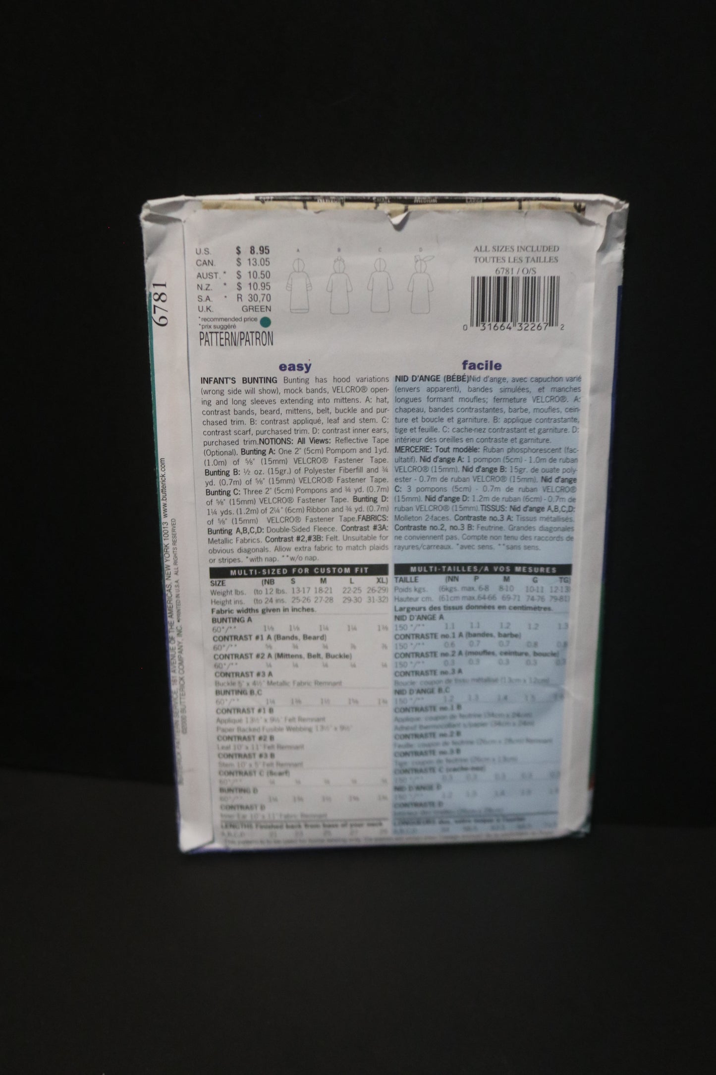 Butterick 6781 Infants Bunting Costumes Sewing Pattern - UNCUT - Size NB S M L XL