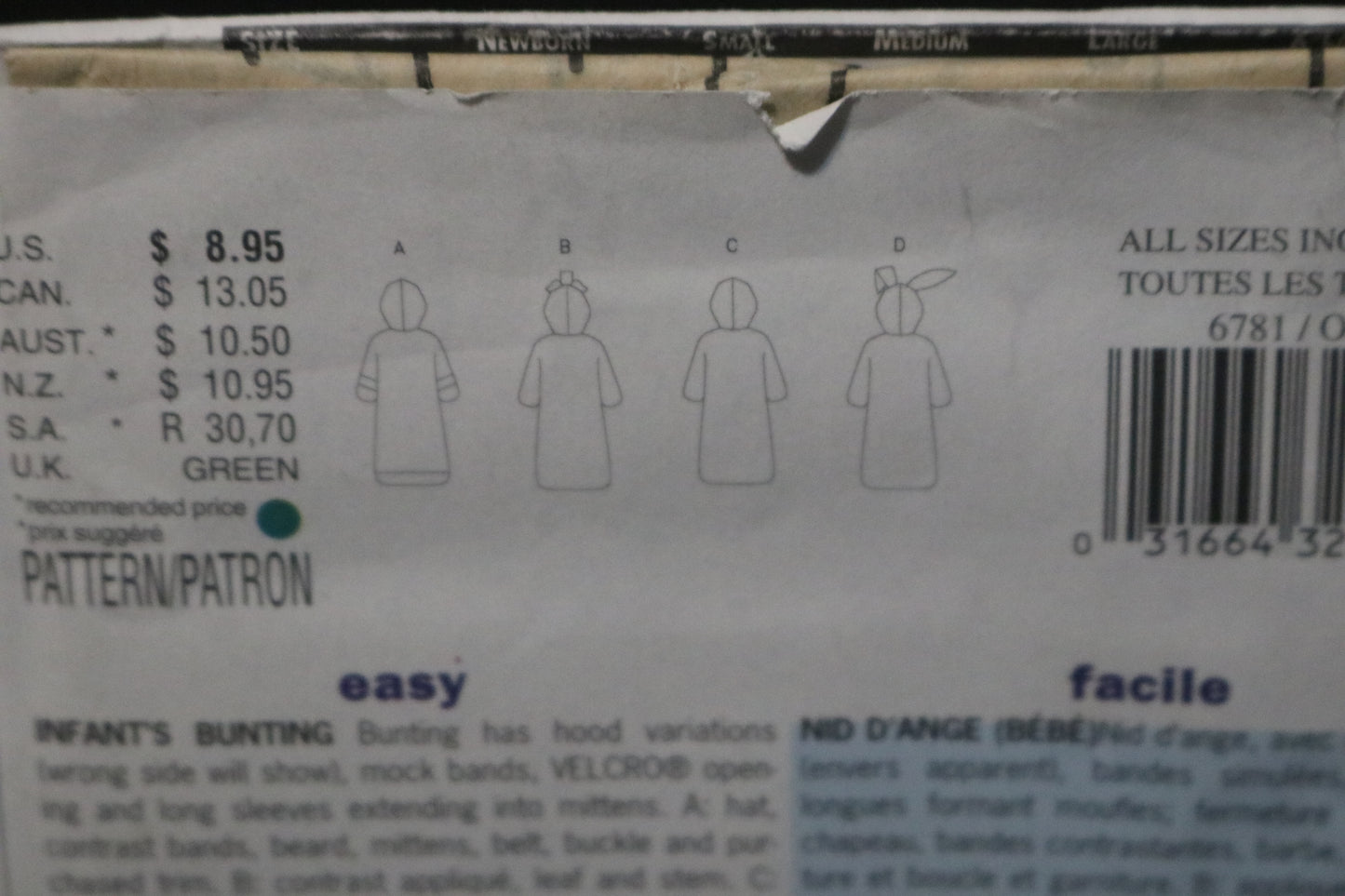 Butterick 6781 Infants Bunting Costumes Sewing Pattern - UNCUT - Size NB S M L XL