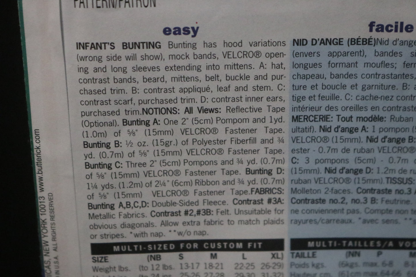 Butterick 6781 Infants Bunting Costumes Sewing Pattern - UNCUT - Size NB S M L XL