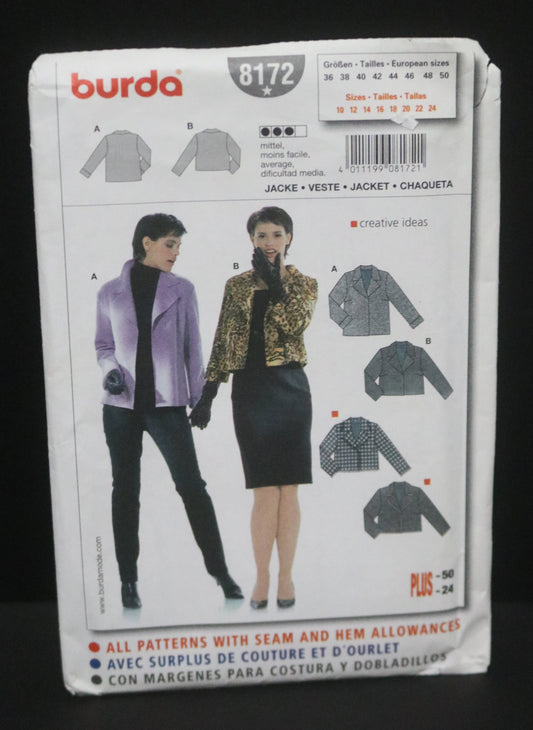 Burda 8172 Misses Jacket Sewing Pattern - UNCUT - Size 10 12 14 16 18 20 22 24