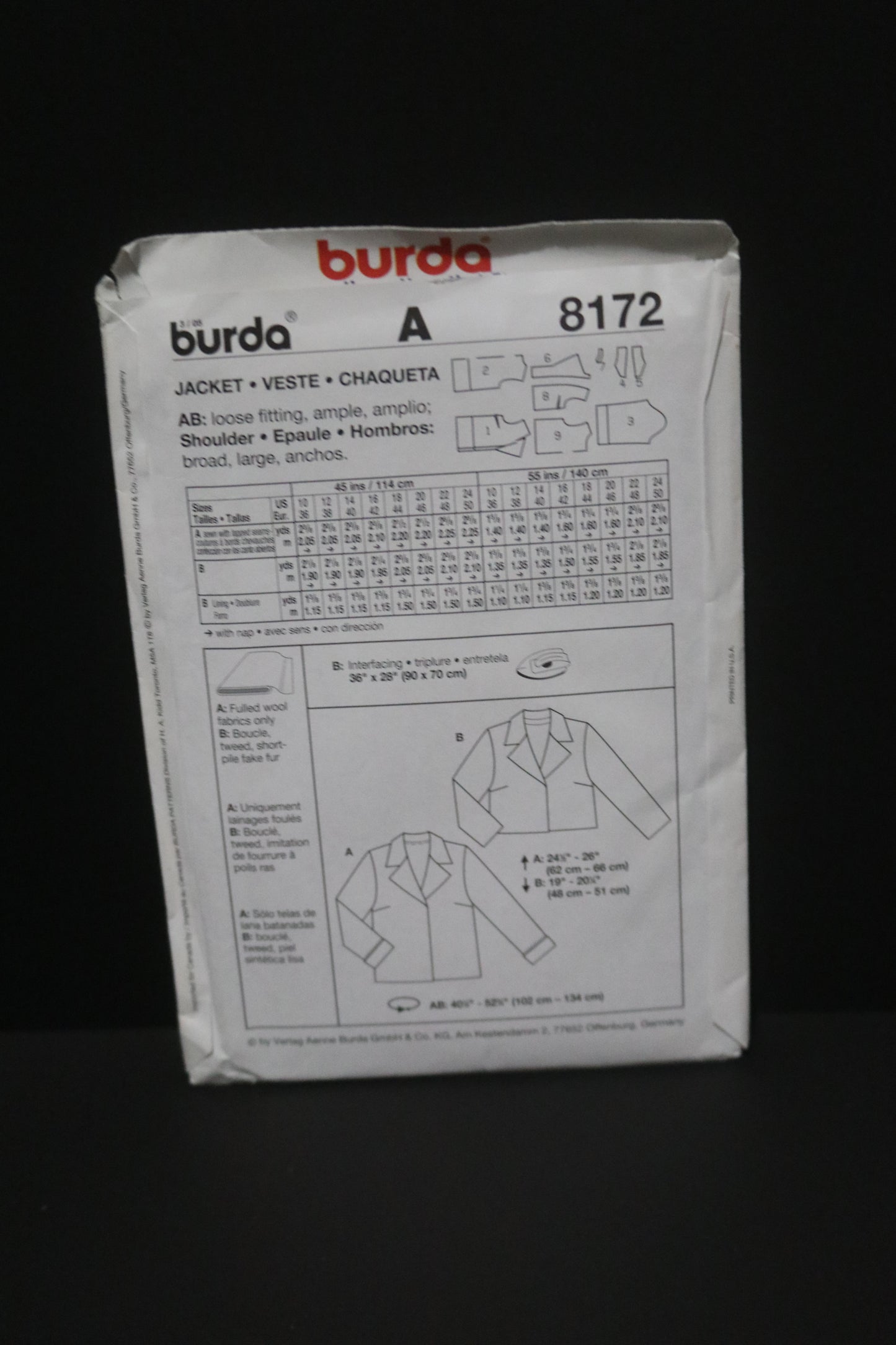 Burda 8172 Misses Jacket Sewing Pattern - UNCUT - Size 10 12 14 16 18 20 22 24