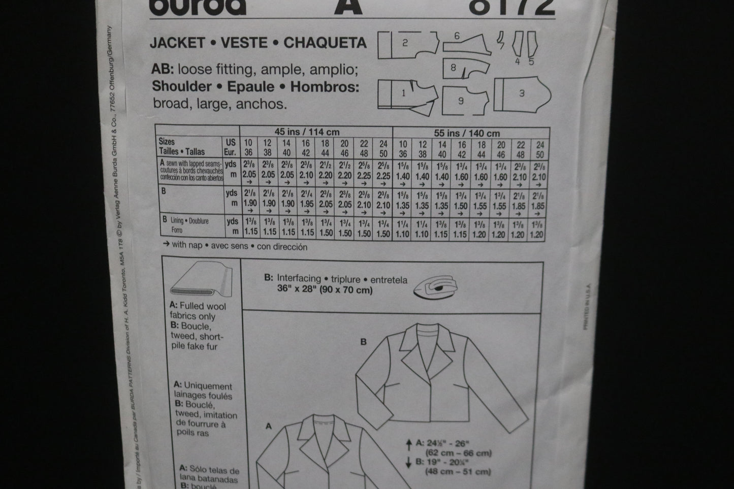 Burda 8172 Misses Jacket Sewing Pattern - UNCUT - Size 10 12 14 16 18 20 22 24