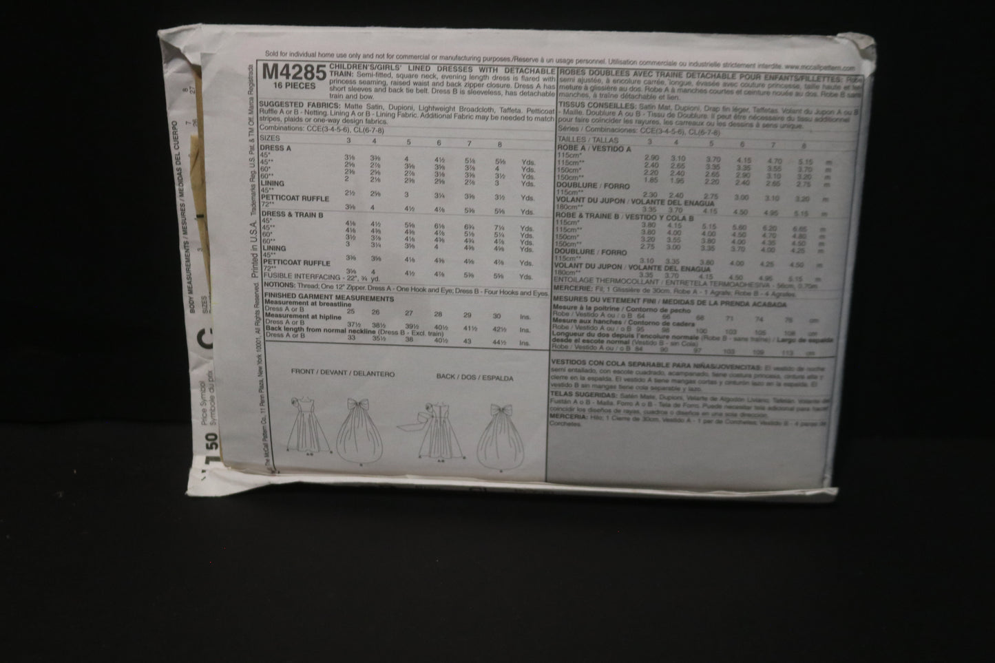 McCalls 4285 Children's Girls Lined Dresses with detachable Train Sewing Pattern UNCUT Size 6 7 8