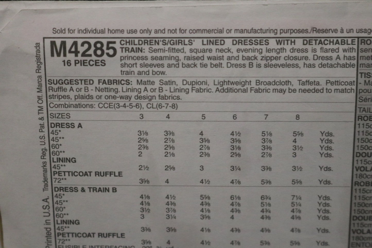 McCalls 4285 Children's Girls Lined Dresses with detachable Train Sewing Pattern UNCUT Size 6 7 8