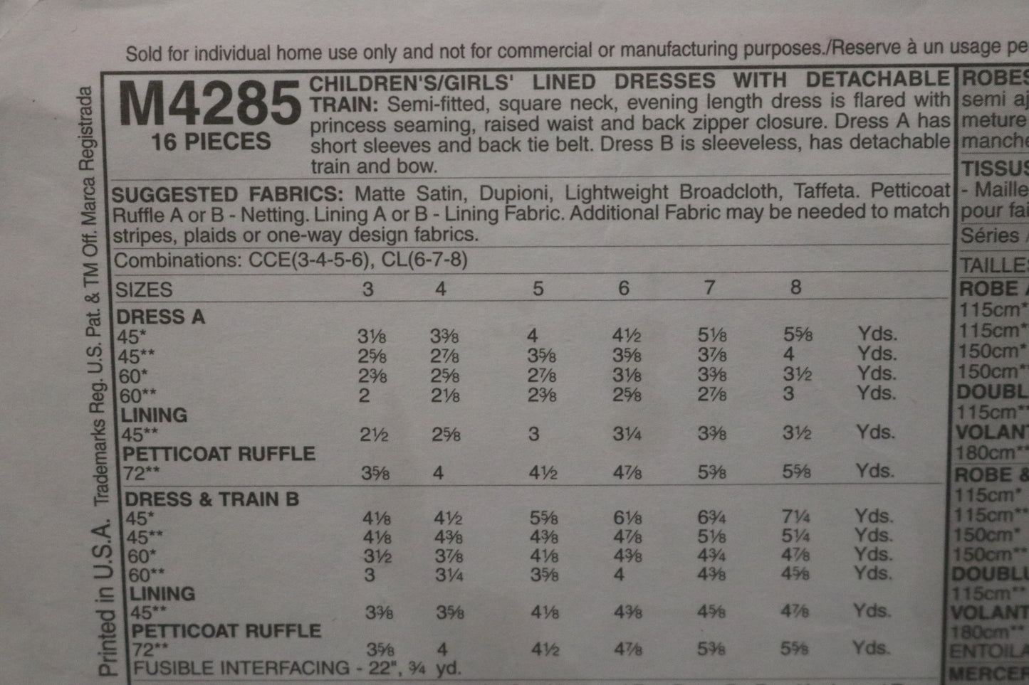 McCalls 4285 Children's Girls Lined Dresses with detachable Train Sewing Pattern UNCUT Size 6 7 8
