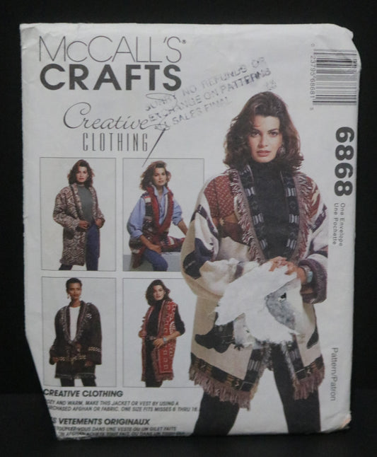 McCalls 6868 Misses Unlined jacket and Unlined Vest Sewing Pattern - UNCUT One Size