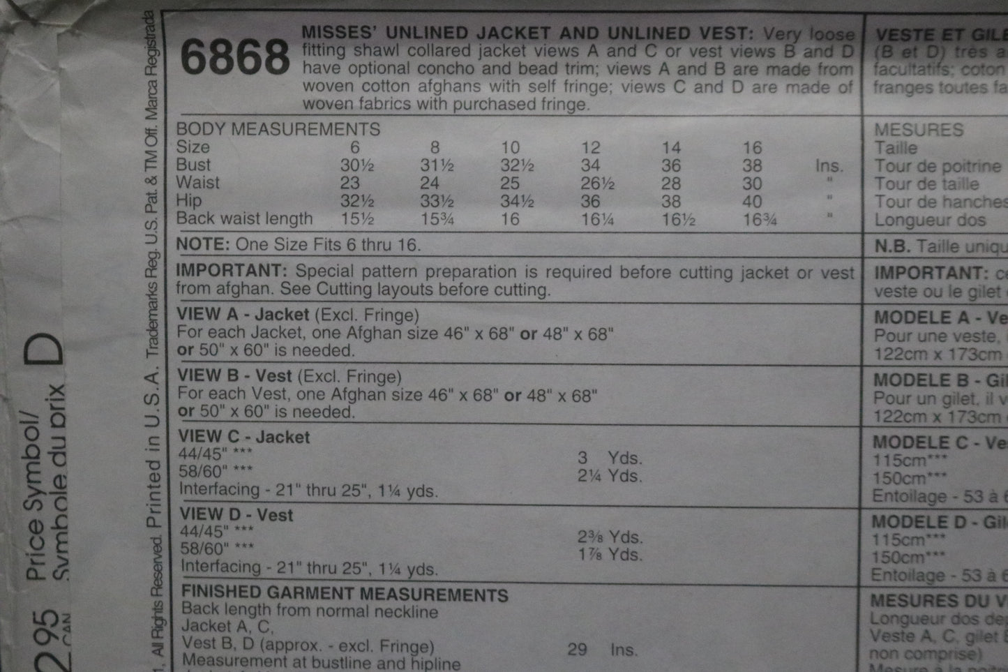 McCalls 6868 Misses Unlined jacket and Unlined Vest Sewing Pattern - UNCUT One Size