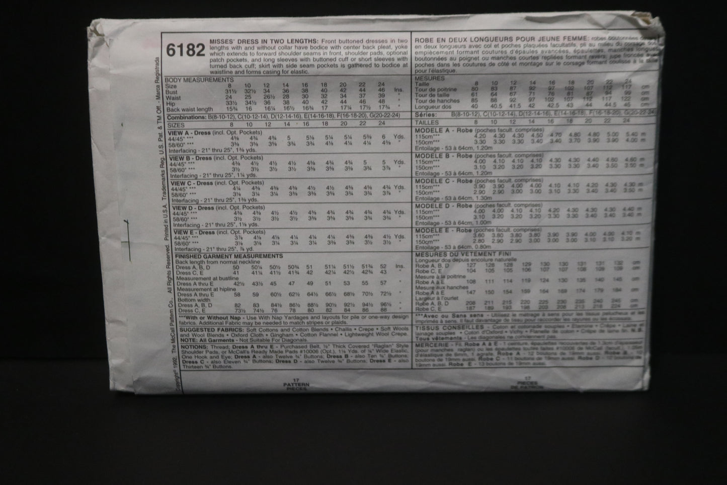 McCalls 6182 Misses Dress in Two Lengths Sewing Pattern - UNCUT - Size 14 16 18