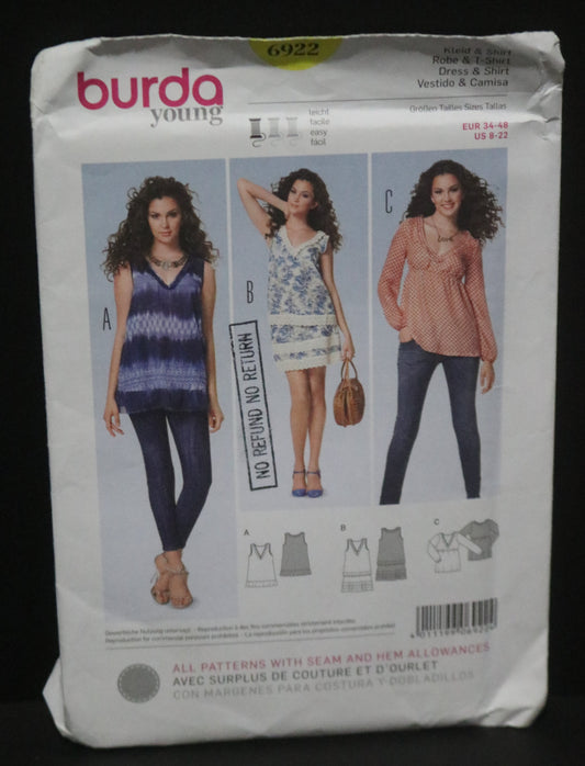 Burda 6922 Misses Dress and Top Sewing Pattern - UNCUT - Size 8 10 12 14 16 18 20 22