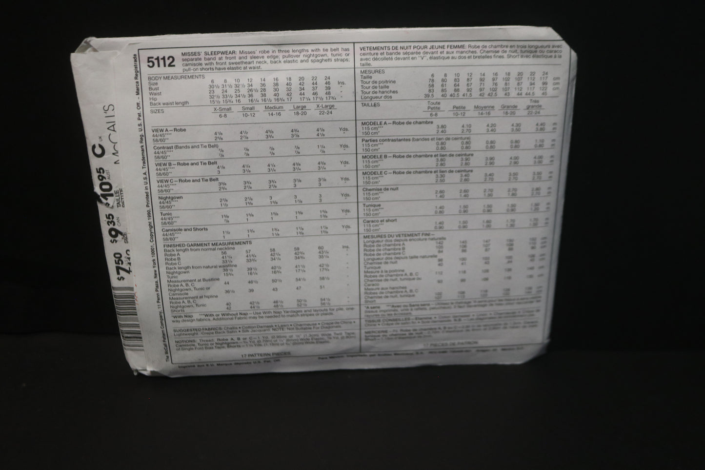 McCalls 5112 Misses Sleepwear Sewing Pattern - UNCUT - Size Small ( 10,12)