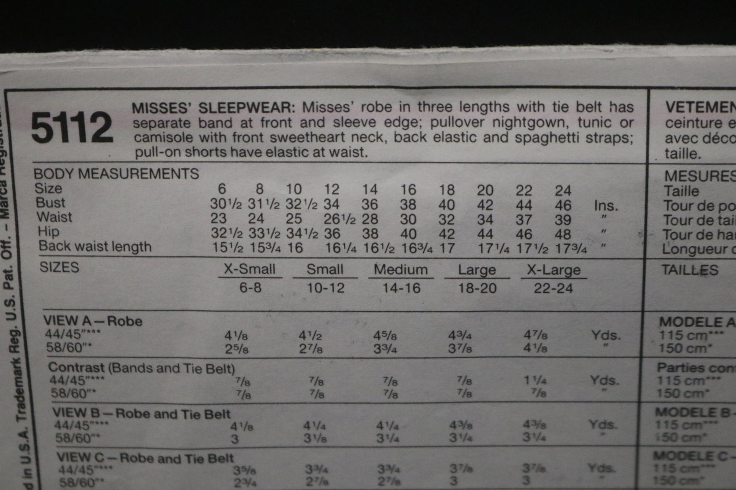 McCalls 5112 Misses Sleepwear Sewing Pattern - UNCUT - Size Small ( 10,12)