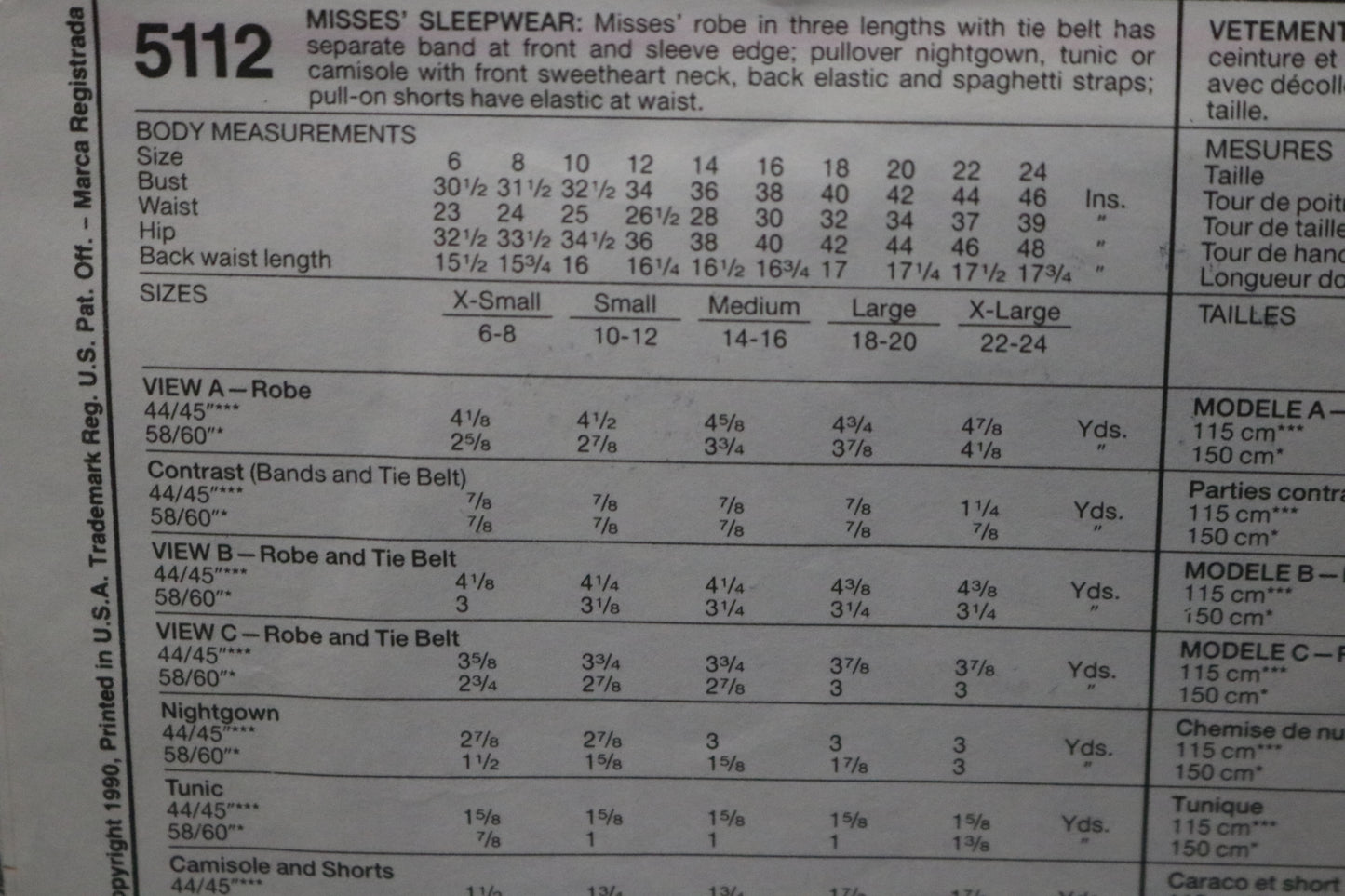 McCalls 5112 Misses Sleepwear Sewing Pattern - UNCUT - Size Small ( 10,12)