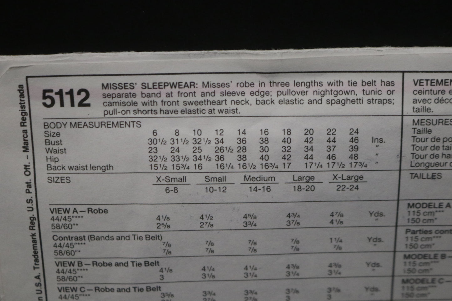 McCalls 5112 Misses Sleepwear Sewing Pattern - UNCUT - Size Small ( 10,12)