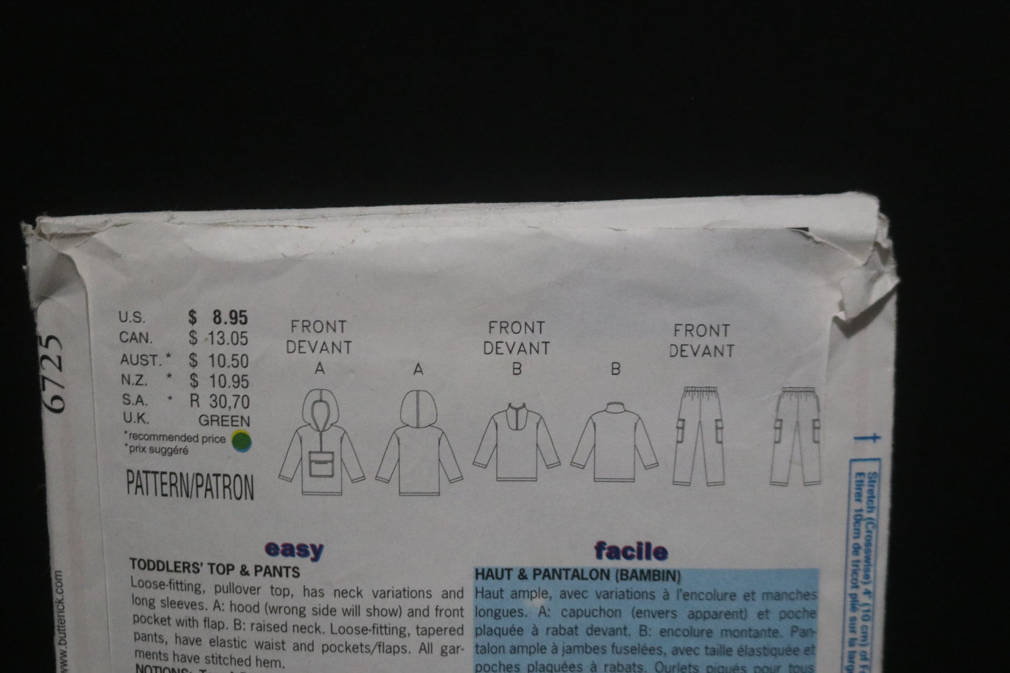 Butterick 6725 Toddlers Top and Pants Sewing Pattern - UNCUT - Size 1 2 3 4