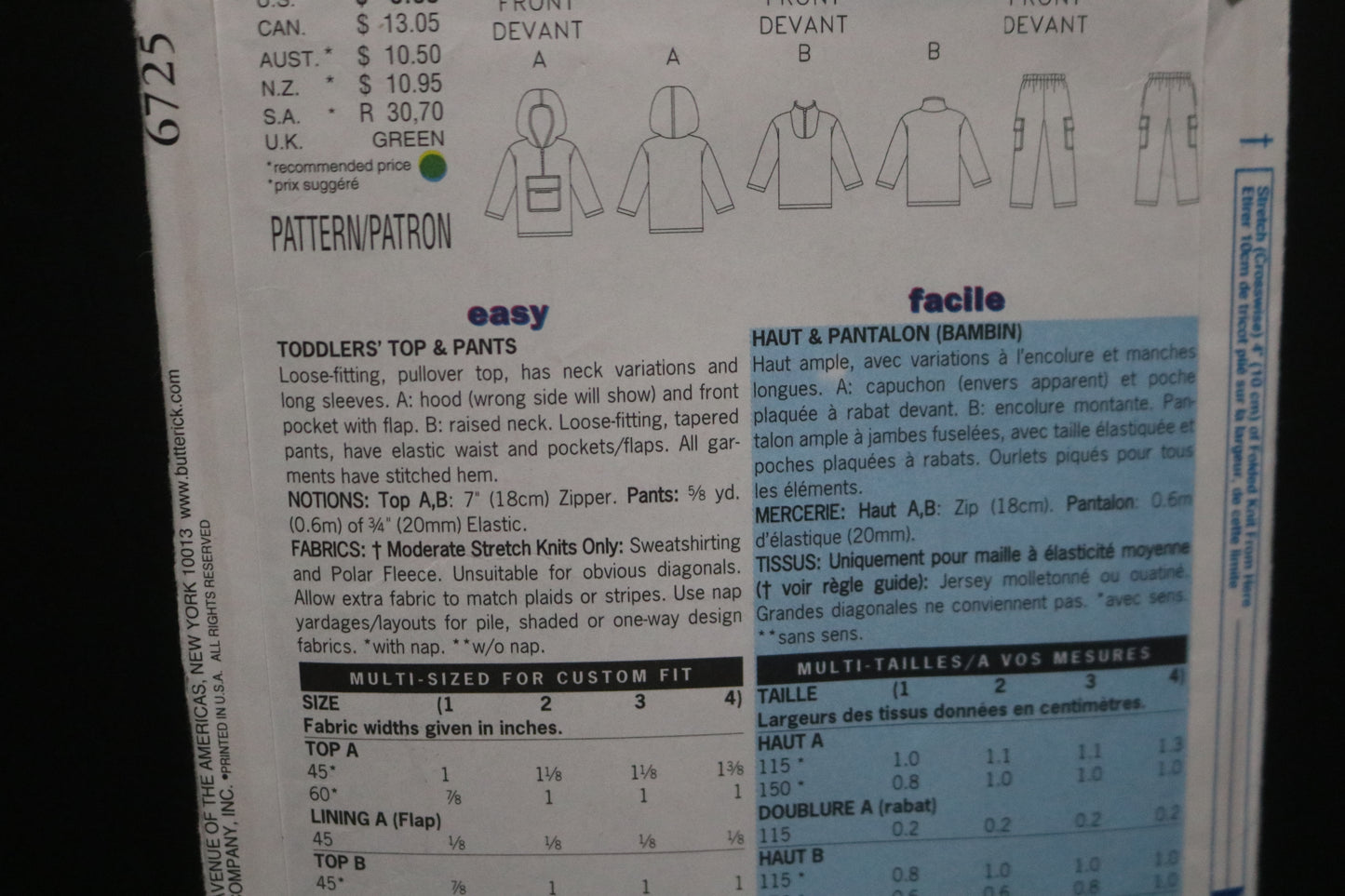 Butterick 6725 Toddlers Top and Pants Sewing Pattern - UNCUT - Size 1 2 3 4