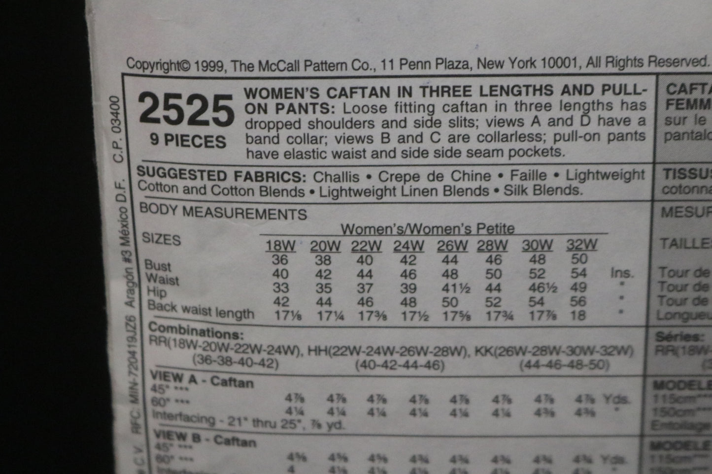 McCalls 2525 Womens Caftan in Three LEngths and Pull on Pants Sewing Pattern UNCUT Size 22w 24w 26w28w 40 42 44 46