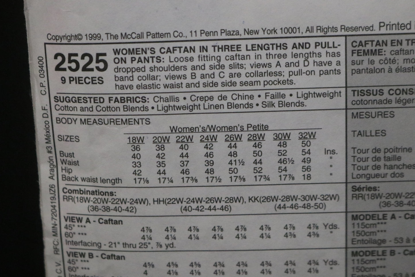 McCalls 2525 Womens Caftan in Three LEngths and Pull on Pants Sewing Pattern UNCUT Size 22w 24w 26w28w 40 42 44 46