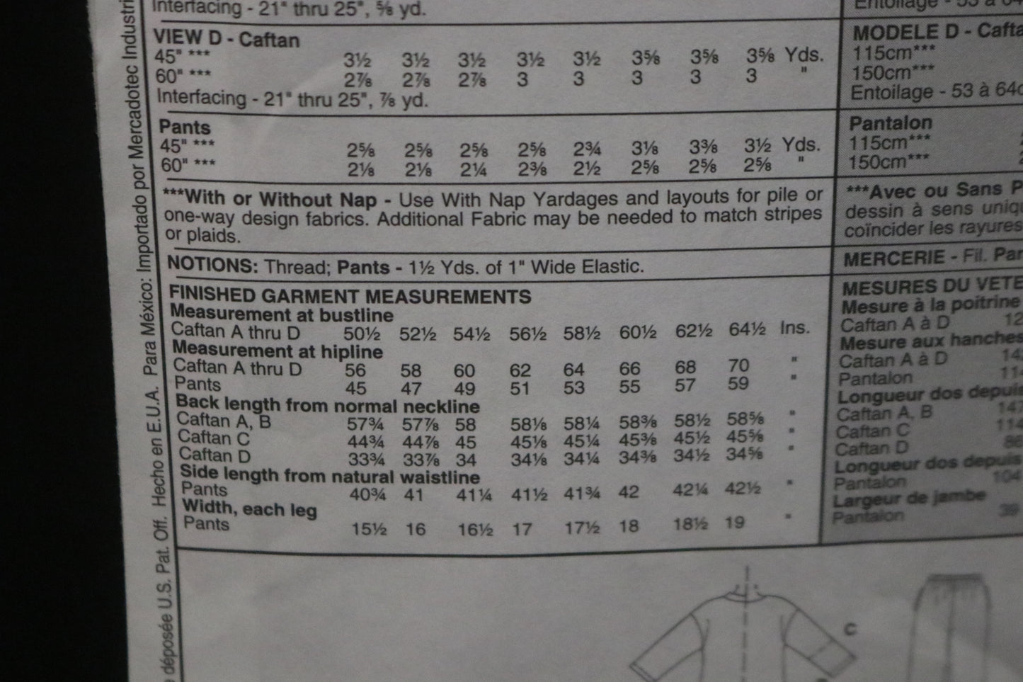McCalls 2525 Womens Caftan in Three LEngths and Pull on Pants Sewing Pattern UNCUT Size 22w 24w 26w28w 40 42 44 46