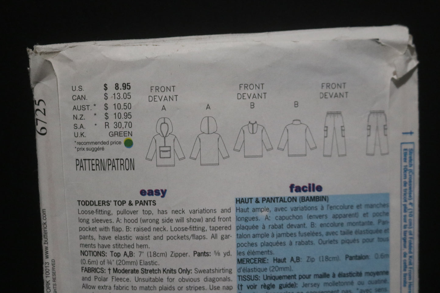 Butterick 6725 Toddlers Top and Pants Sewing Pattern - UNCUT - Size 1 2 3 4