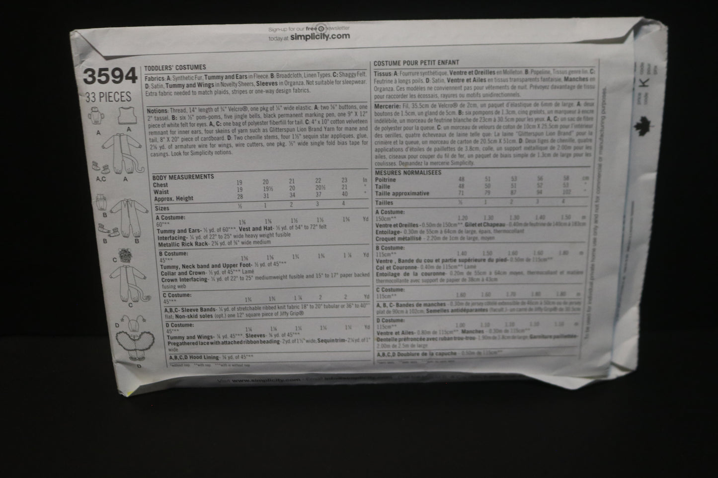 Simplicity 3594 Toddlers Monkey, Fairy, Frog, and Lion Costumes Sewing Pattern - UNCUT - Size 1/2 1 2 3 4