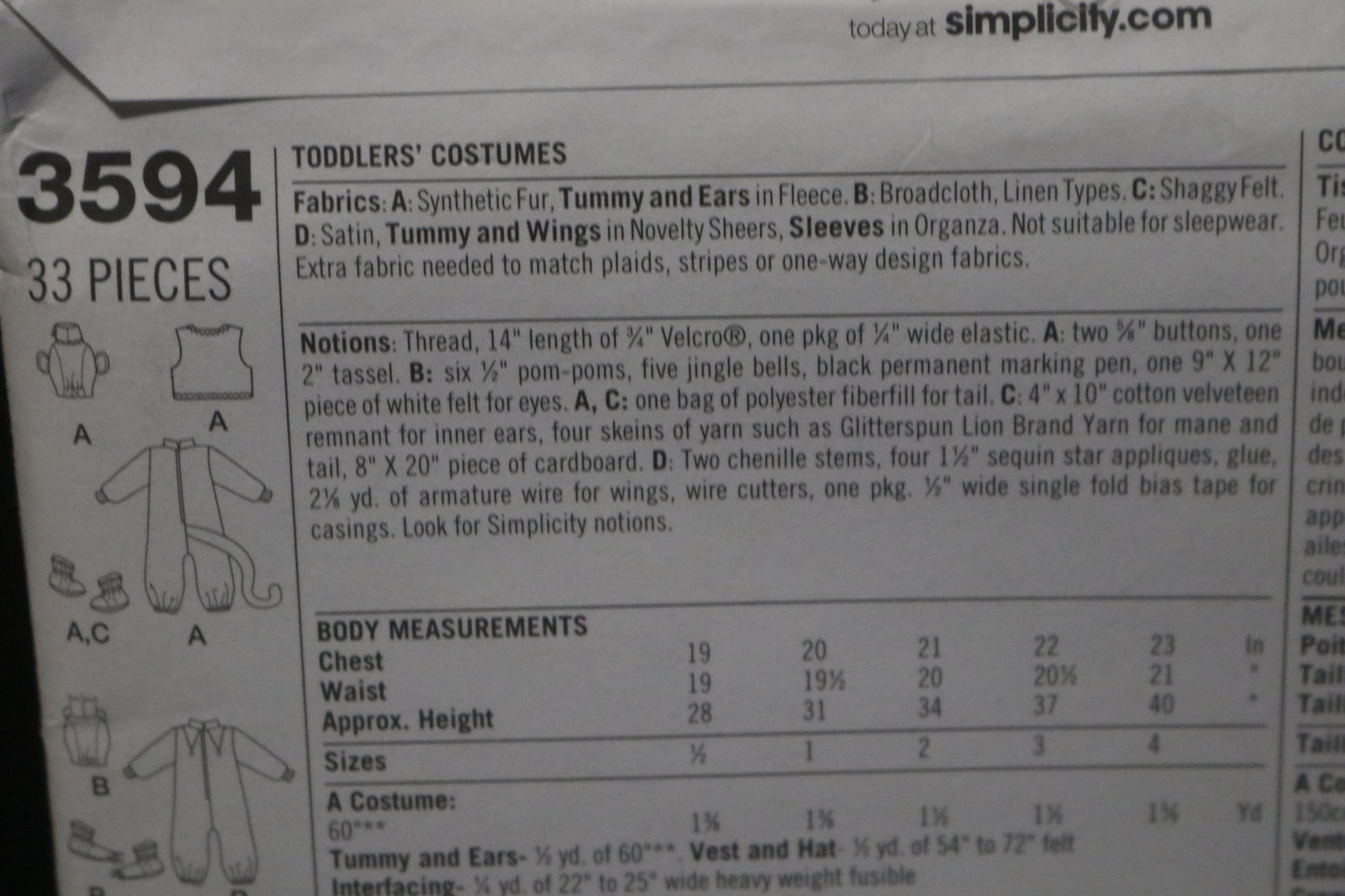 Simplicity 3594 Toddlers Monkey, Fairy, Frog, and Lion Costumes Sewing Pattern - UNCUT - Size 1/2 1 2 3 4