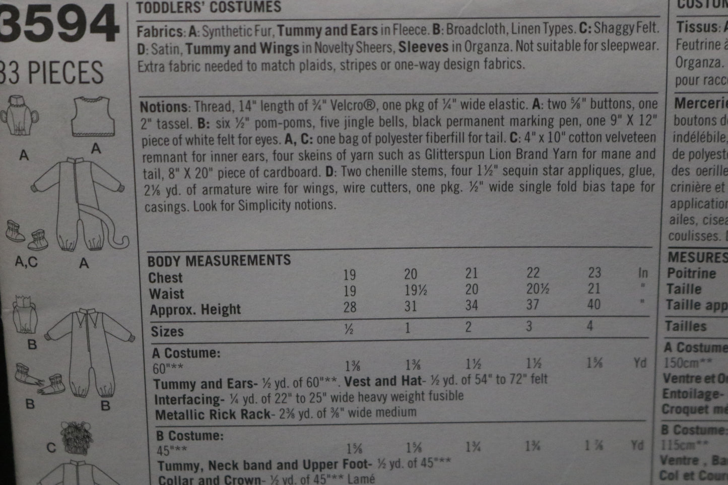 Simplicity 3594 Toddlers Monkey, Fairy, Frog, and Lion Costumes Sewing Pattern - UNCUT - Size 1/2 1 2 3 4