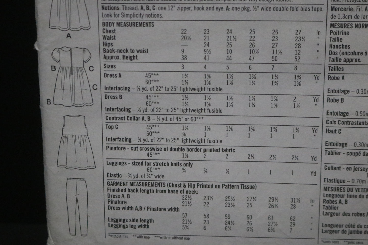 Simplicity 8028 Girls Dress or Top, Pinafore and Knit Leggings Sewing Pattern - UNCUT Size 3 4 5 6