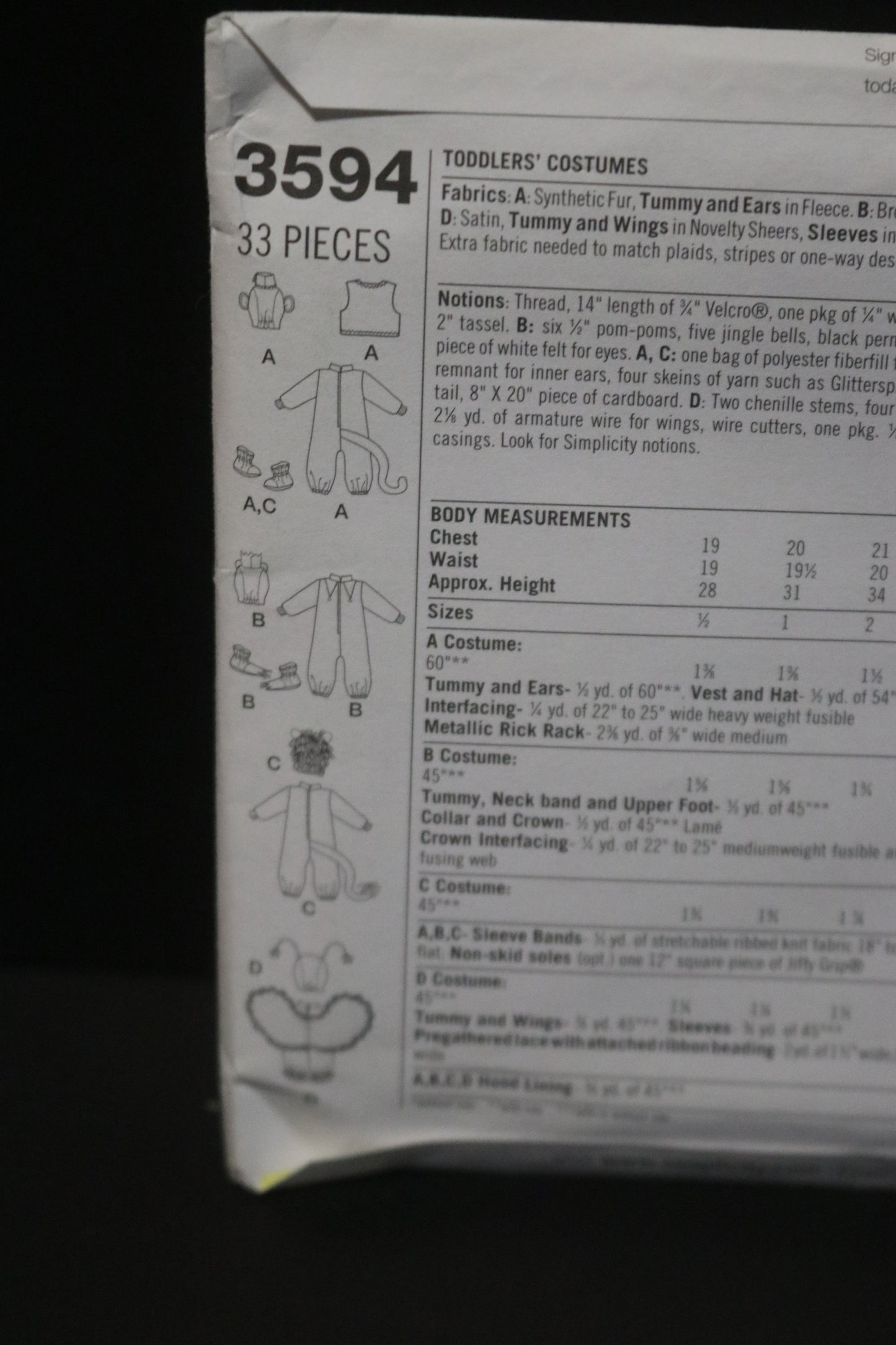 Simplicity 3594 Toddlers Monkey, Fairy, Frog, and Lion Costumes Sewing Pattern - UNCUT - Size 1/2 1 2 3 4