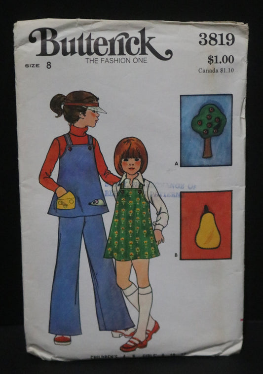 70s Butterick 3819 Children's and Girls Jumper, Tunic, Pants & Applique Transfers Sewing Pattern  UNCUT Size 8