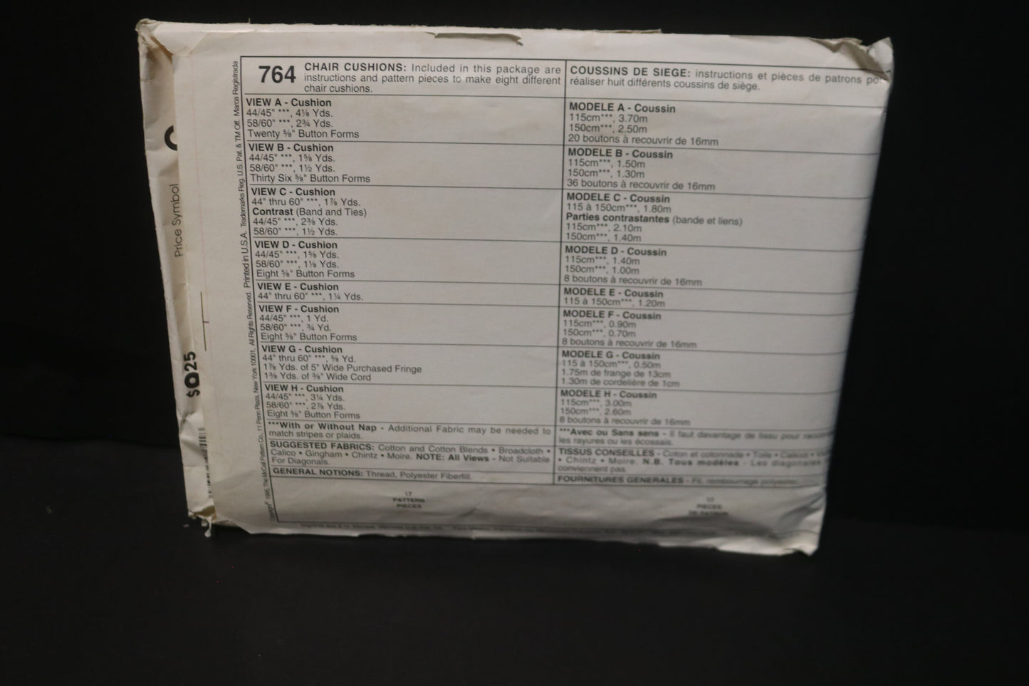 McCalls 764 Chair Cushions Sewing Pattern - UNCUT