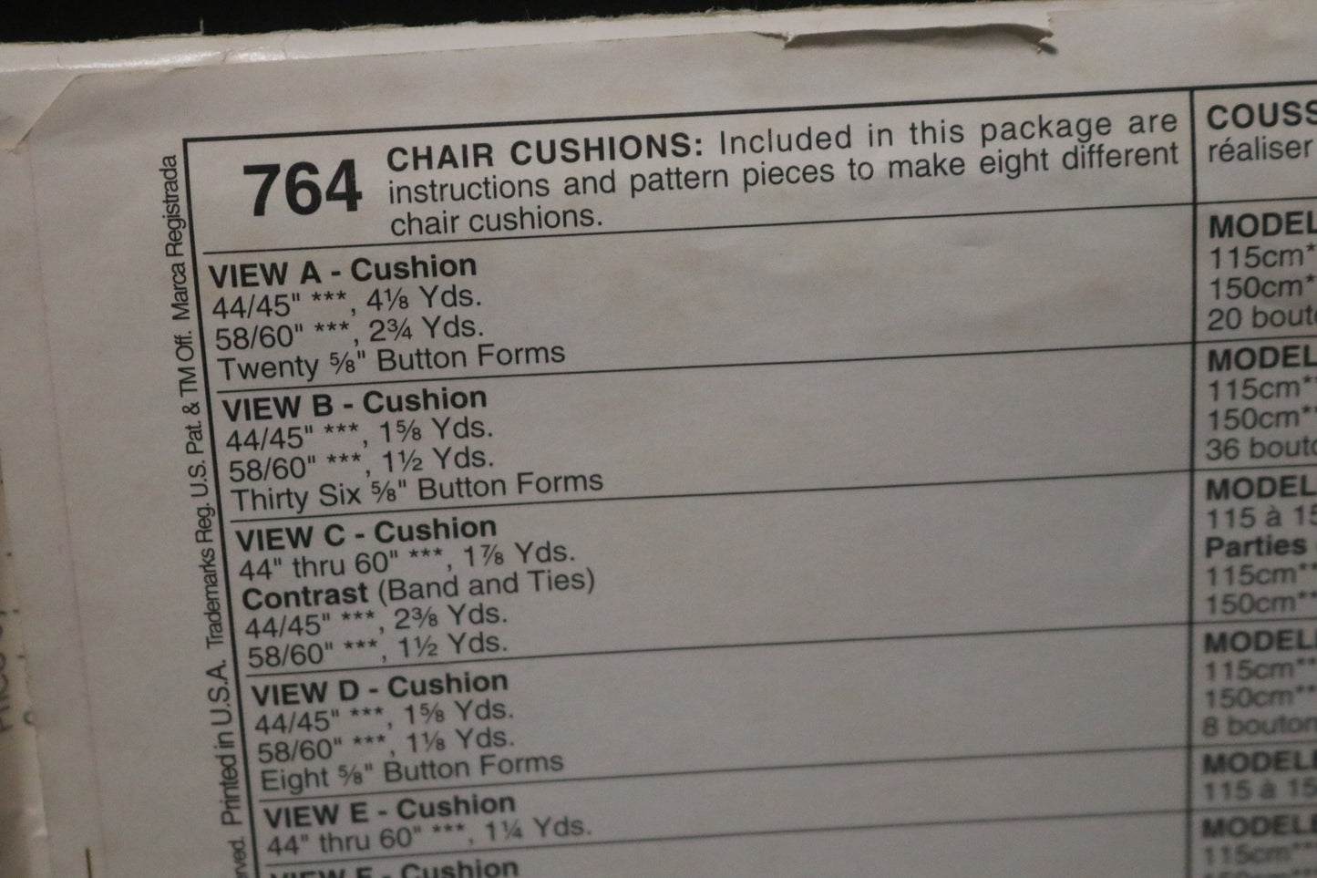 McCalls 764 Chair Cushions Sewing Pattern - UNCUT