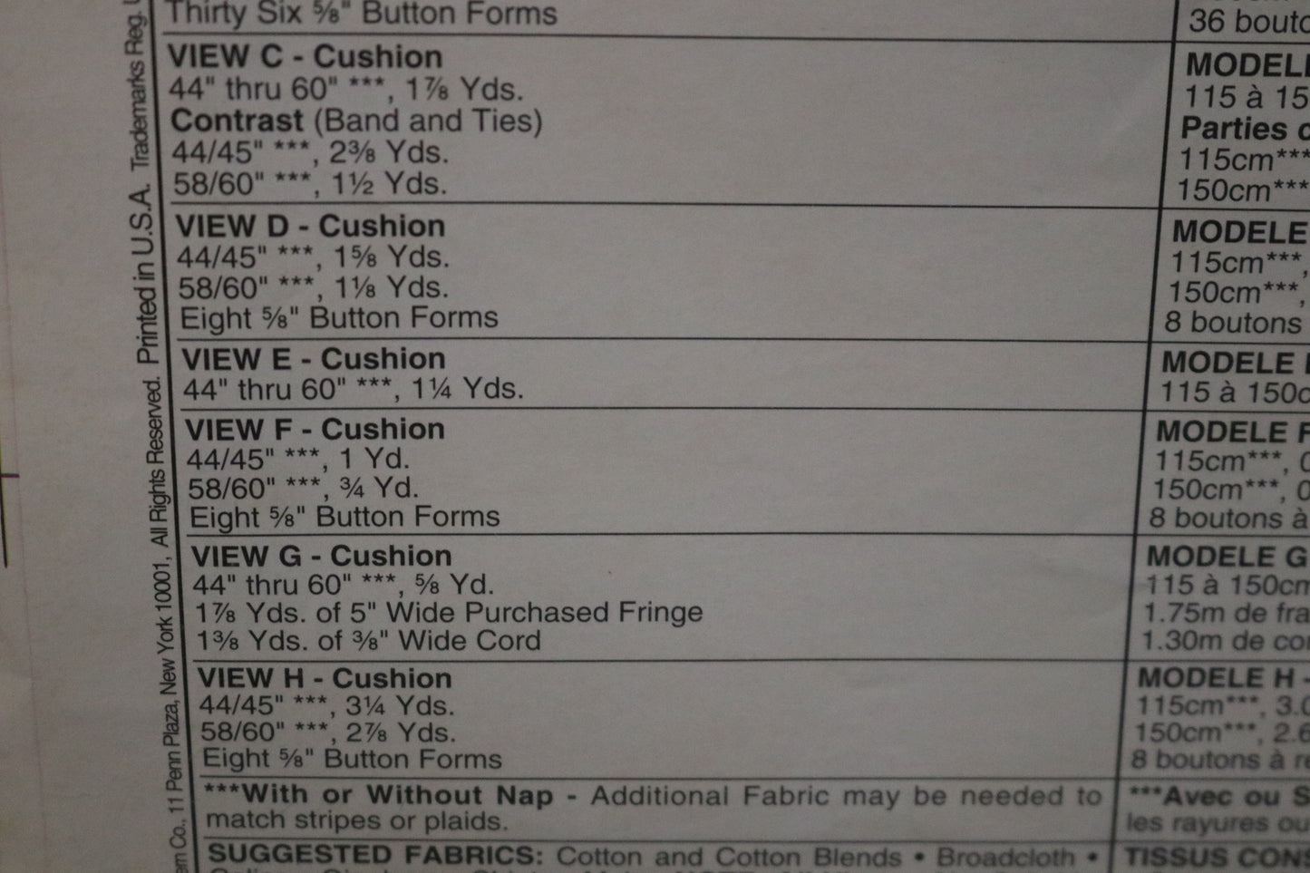 McCalls 764 Chair Cushions Sewing Pattern - UNCUT