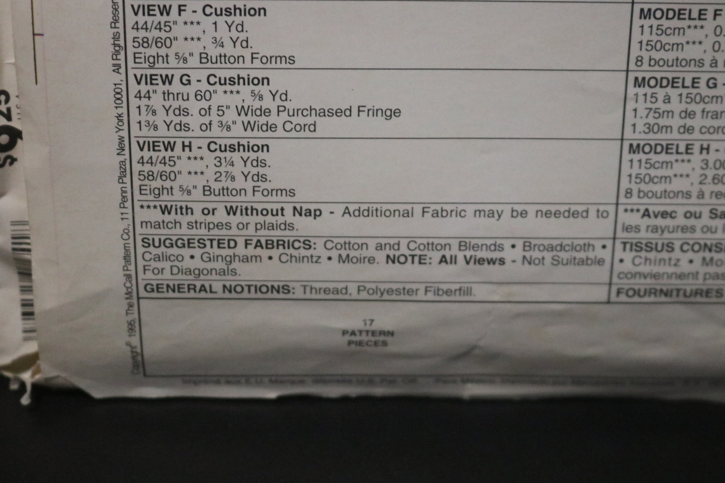 McCalls 764 Chair Cushions Sewing Pattern - UNCUT