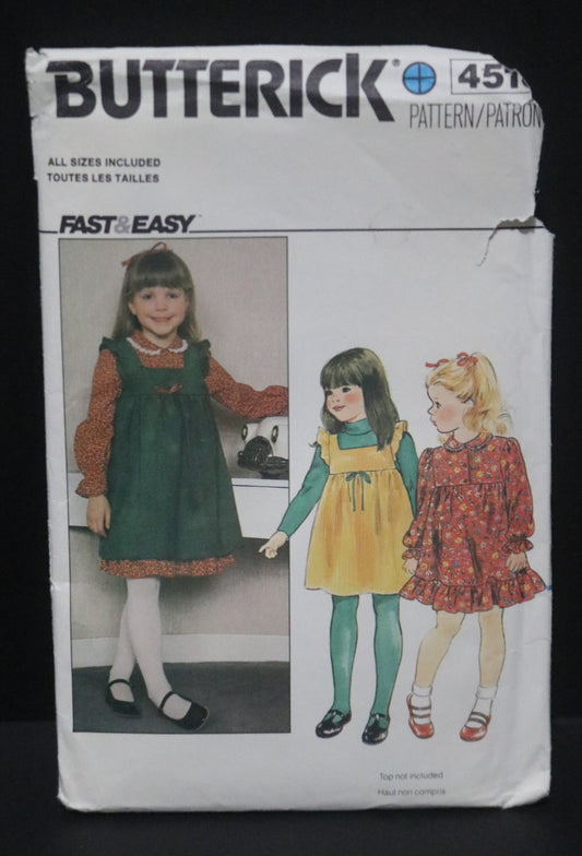 Butterick 4513 Girls Dress and Jumper Sewing Pattern - UNCUT Size 3 4 5 6X