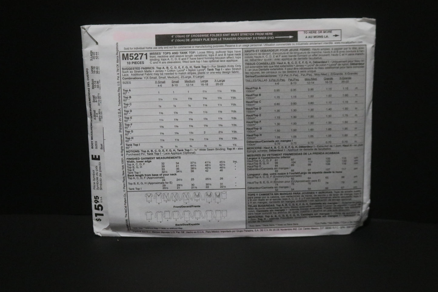 McCalls 5271 Misses Tops and Tank Top Sewing Pattern UNCUT - Size Lrg - Xlg