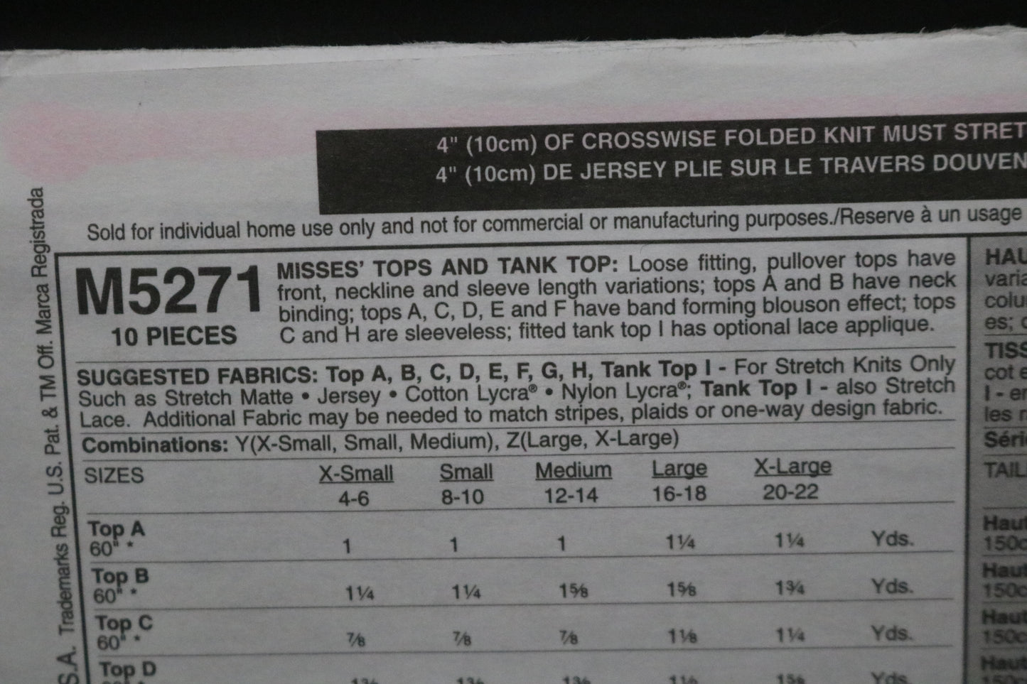 McCalls 5271 Misses Tops and Tank Top Sewing Pattern UNCUT - Size Lrg - Xlg