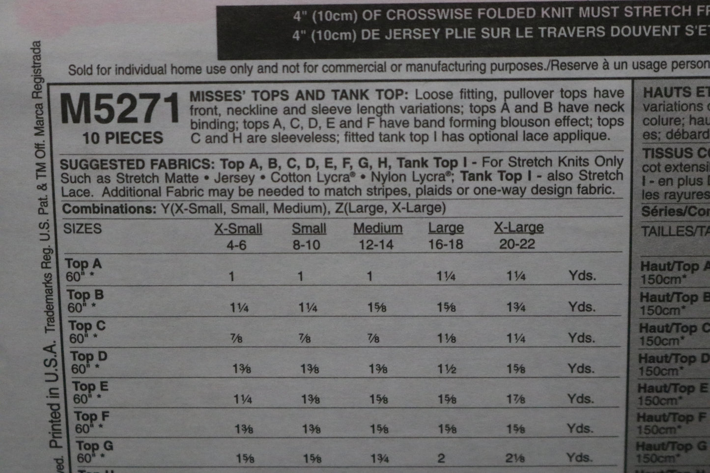 McCalls 5271 Misses Tops and Tank Top Sewing Pattern UNCUT - Size Lrg - Xlg