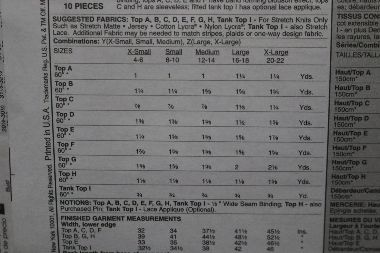 McCalls 5271 Misses Tops and Tank Top Sewing Pattern UNCUT - Size Lrg - Xlg